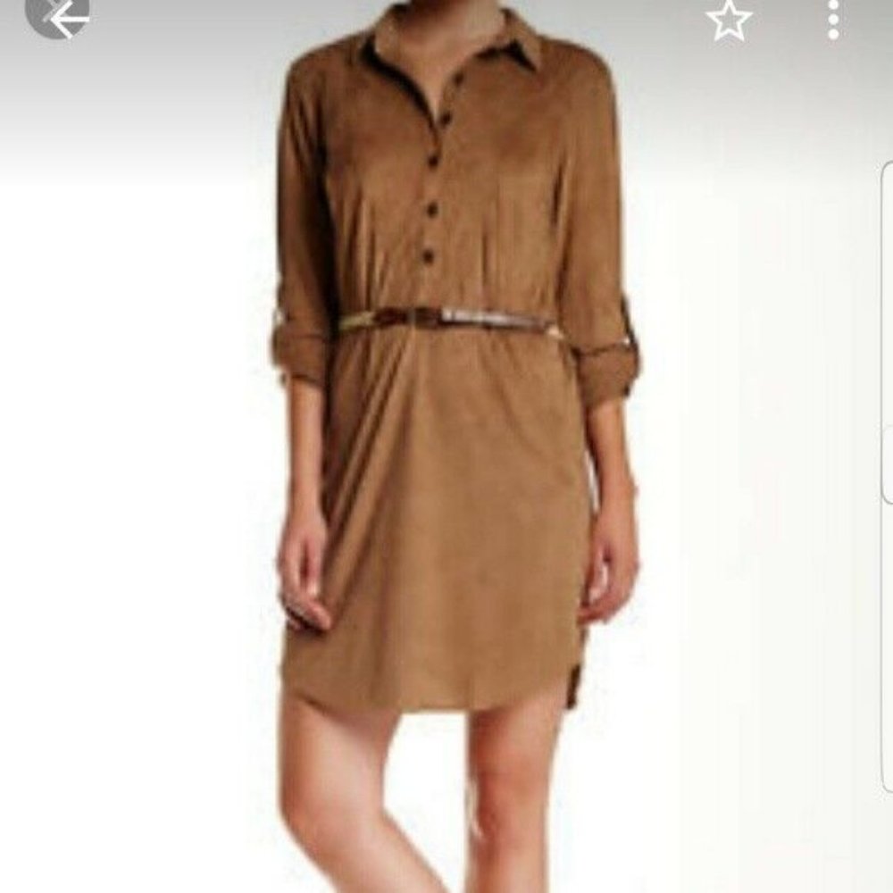 Eci Women's Camel Brown Faux Suede Shirt Dress